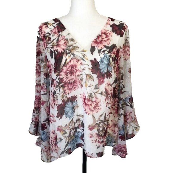 WHBM Flare Flutter Sleeve Chiffon Lined Blouse Top Size 8 Swiss Dot Floral Cowl - Picture 1 of 9